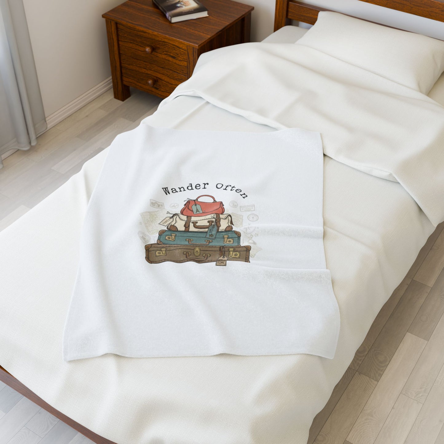 Wander Often vintage luggage stack Velveteen Blanket | travel stamps, postcard vintage