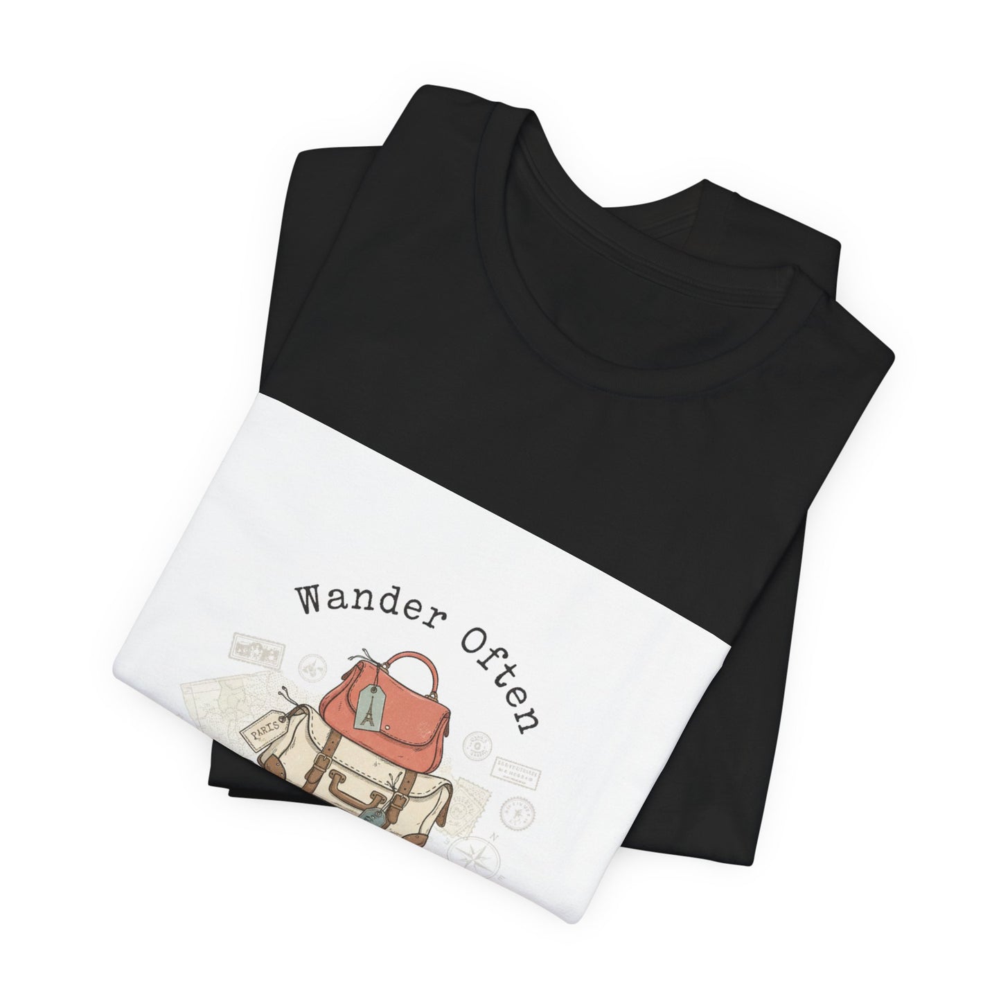 Wander Often suitcase stack Tee | vintage travel stamps, postcard nostalgia