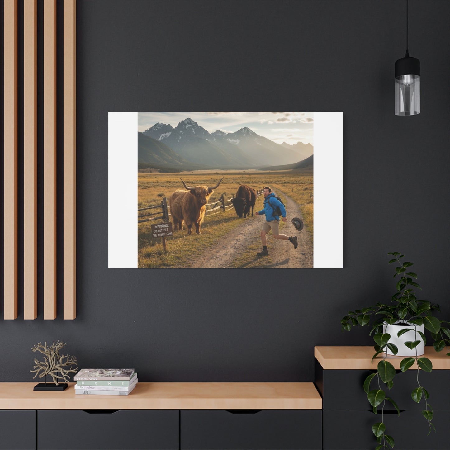 Chased by a Buffalo Canvas | wholesome sarcasm print, soft humor wall art