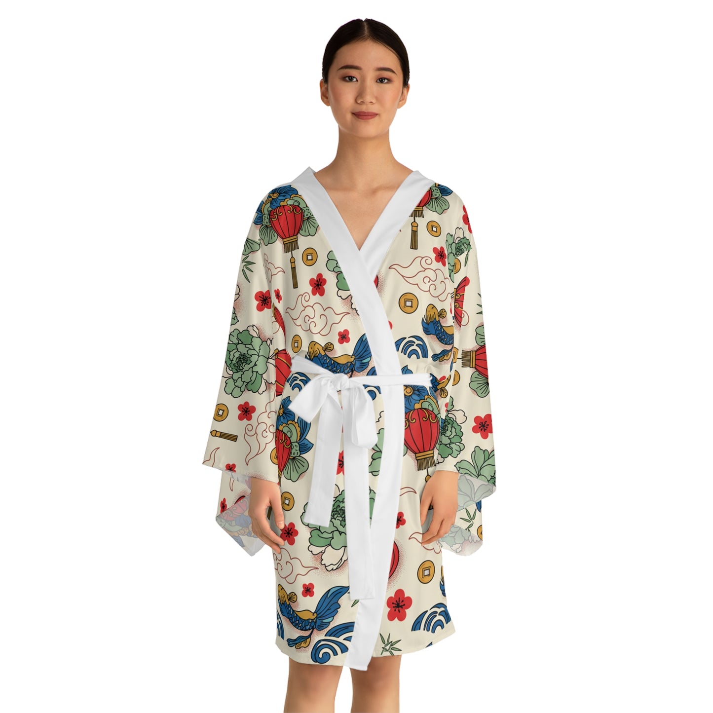 Kimono Robe - Red Lantern & Floral Asian Pattern